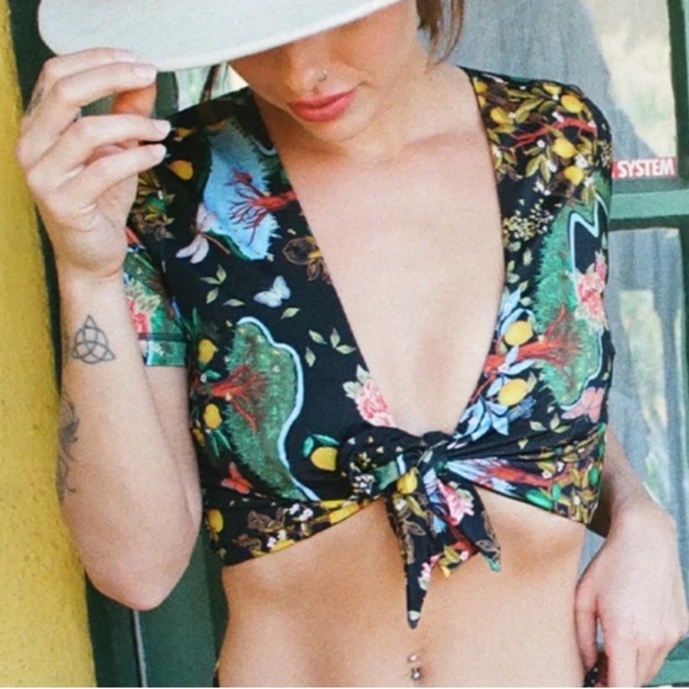 Free People HAH Swim Top Tie Closure Black Floral Butterfly Lemon Tree Garden XS